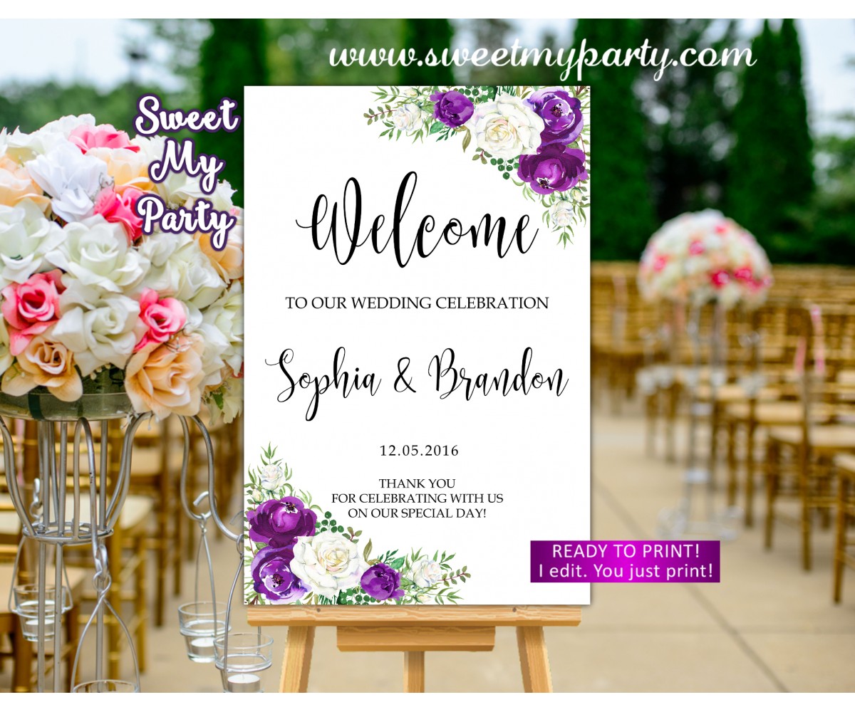 Purple white Wedding Welcome Sign,Lilac Wedding Welcome sign,(164 w)
